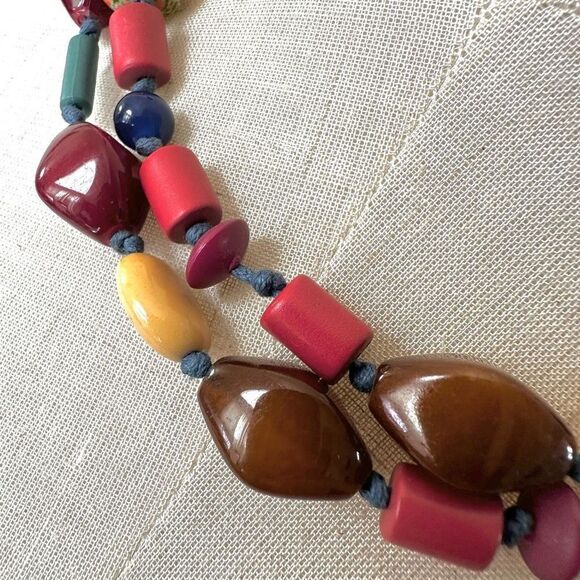 Red orange and blue long beaded necklace - Picture 2 of 9